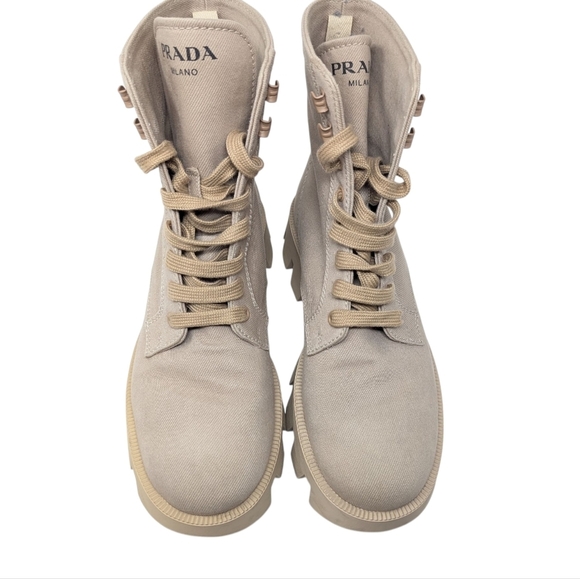 Prada Rocksand Light Beige Washed Denim Canvas Combat Lug Boots Size EU 38.5 - Picture 3 of 16